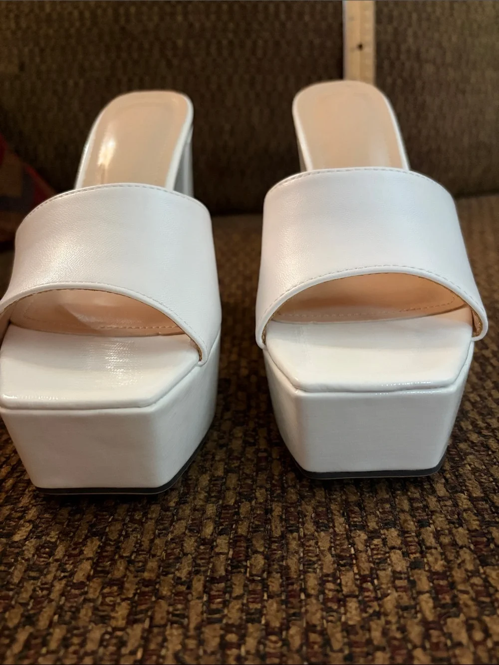 White Platform Block Heel Slide Sandals Size 35/5